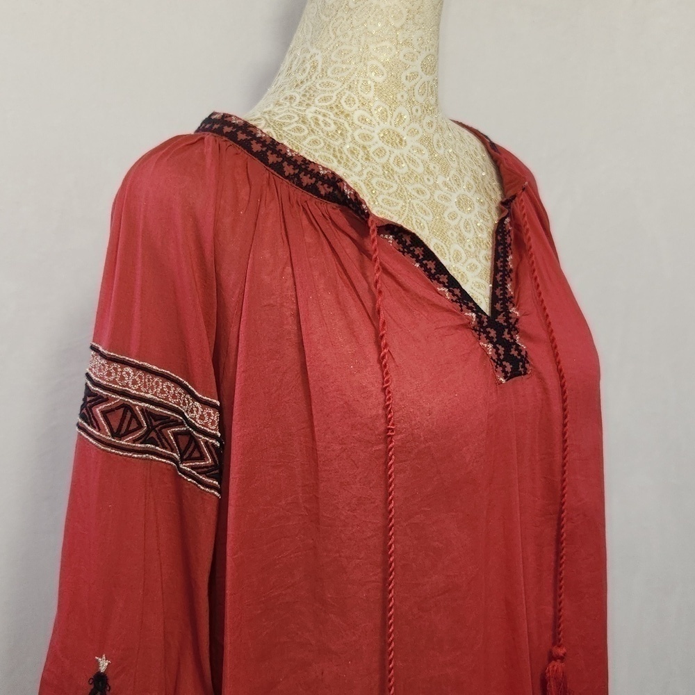 Alicia Pageboy M Red Aztec/Tribal Embroidered V-Neck Tassle Tie Front Boho Top - Picture 7 of 14